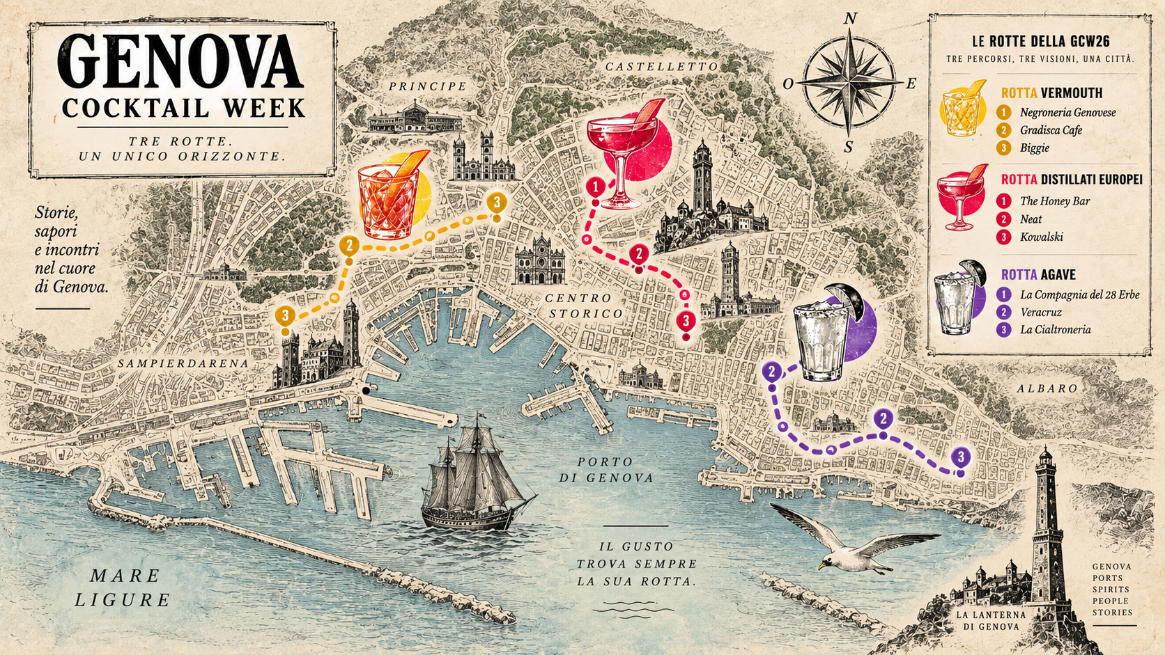 Mappa nautica delle rotte Genova Cocktail Week 2026